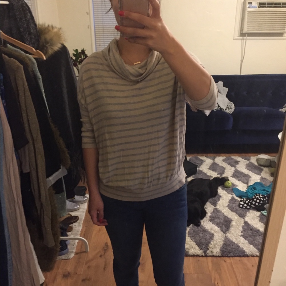 Ann Taylor pink/grey striped cowl neck sweater